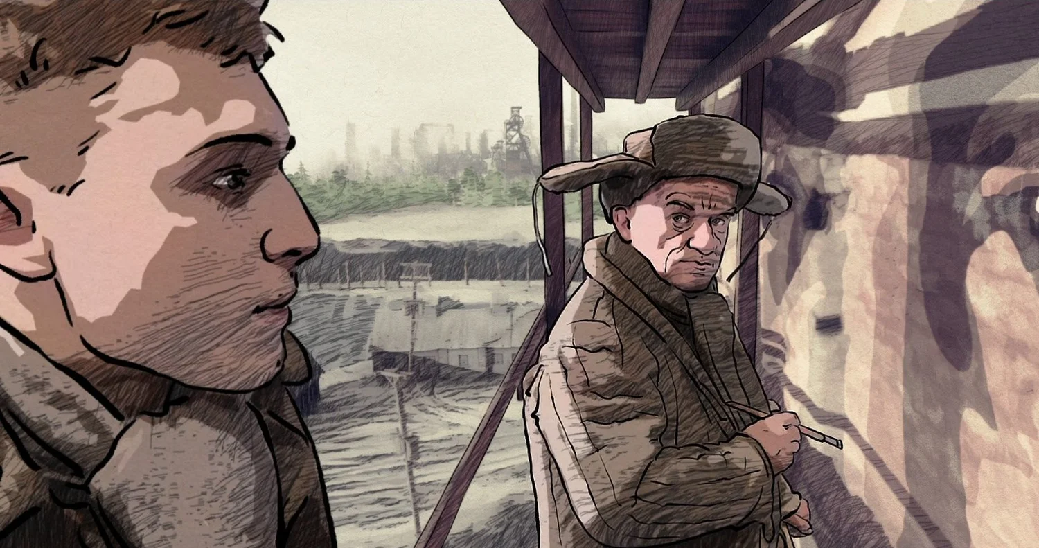 Still from A Door to the Woods: an animated man in a fur hat looks out over an industrial landscape